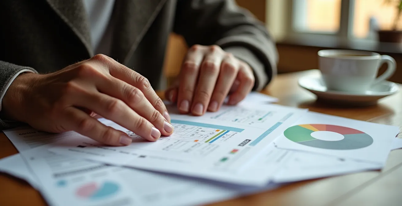 Espacio de trabajo con documentos financieros organizados para auditoría patrimonial