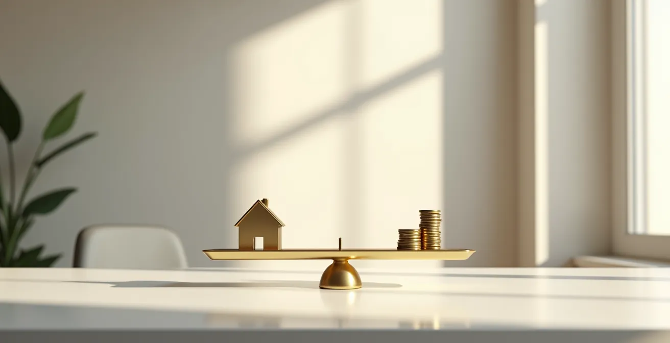 Composición minimalista con balanza equilibrando símbolos de vivienda e inversión