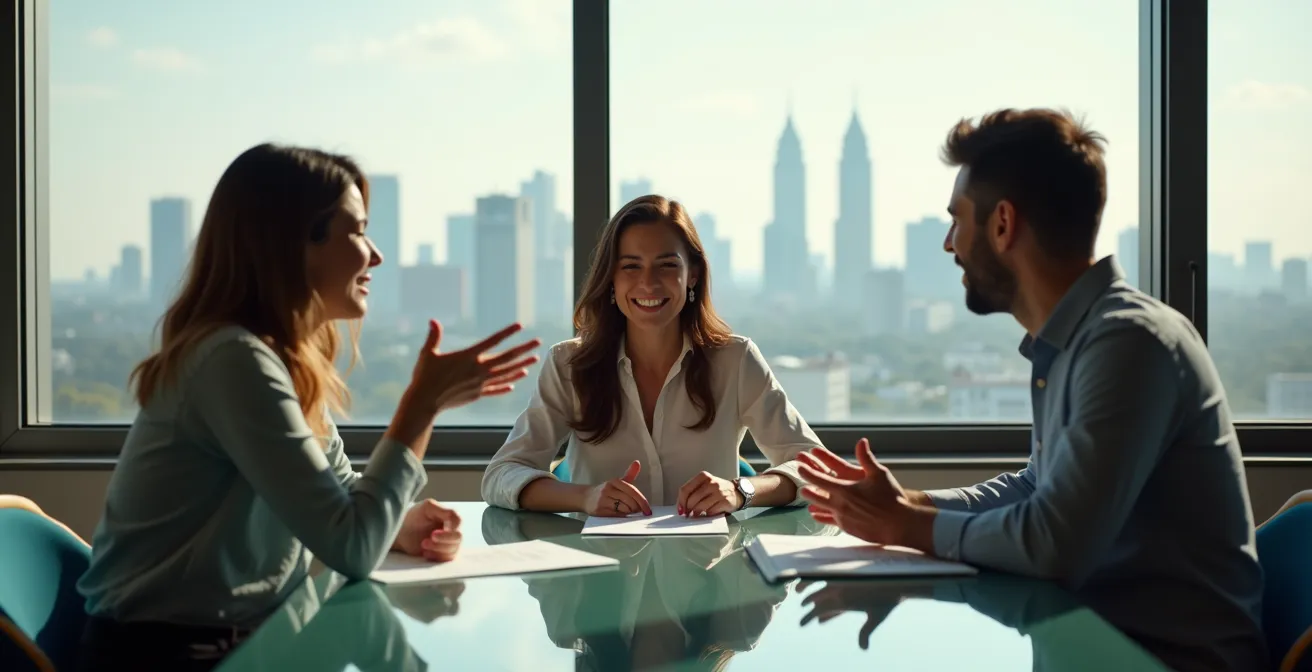 Reunión de inversores y emprendedores en oficina moderna con vista panorámica de ciudad