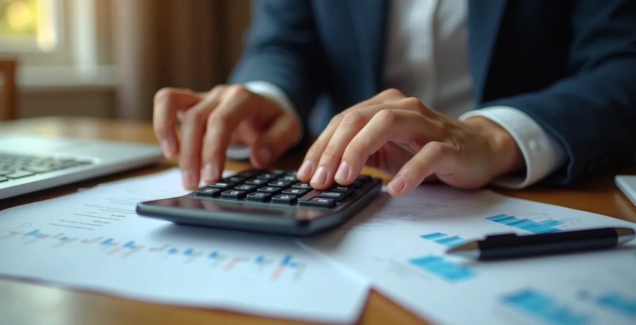 Cálculo financiero de prima única con calculadora y documentos hipotecarios