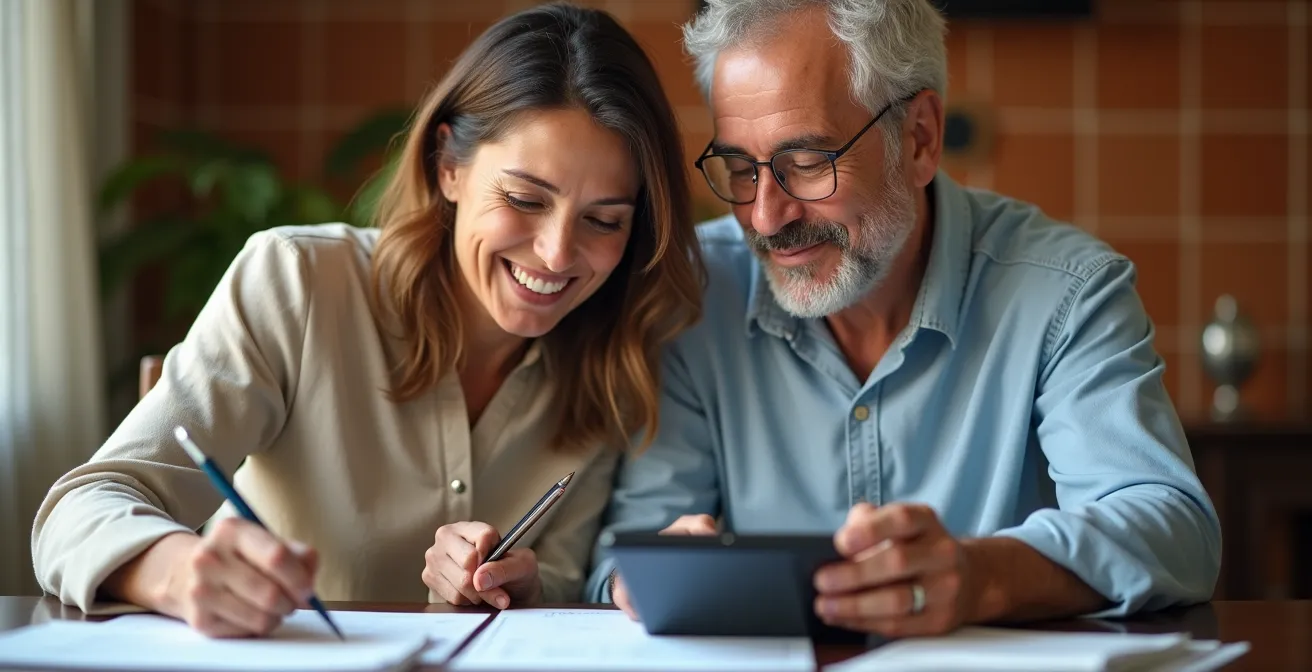 Pareja revisando documentación fiscal en mesa con calculadora y papeles sin texto visible