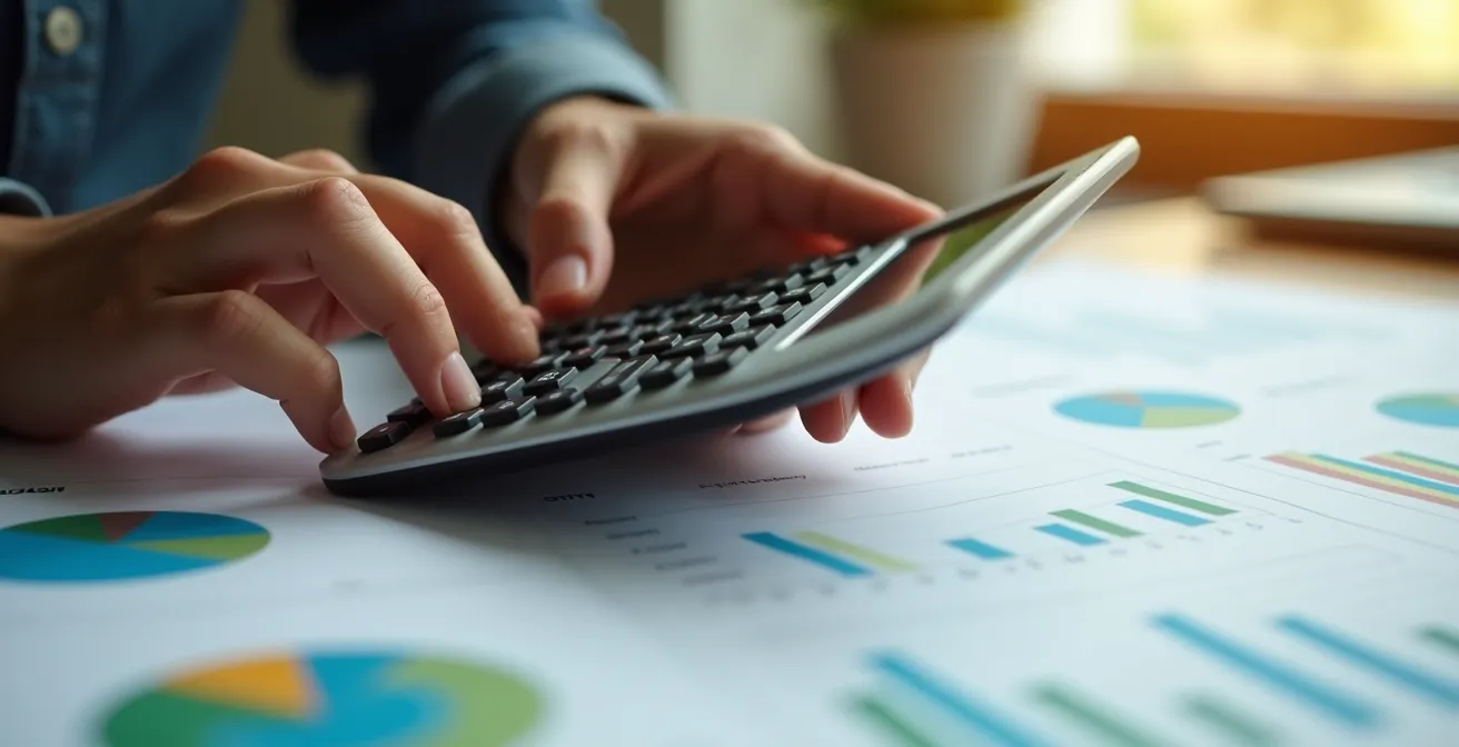 Manos usando calculadora con documentos financieros y gráficos abstractos