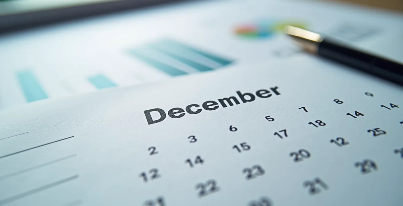 Detalle macro de calendario marcando el 31 de diciembre con documentos fiscales difuminados al fondo