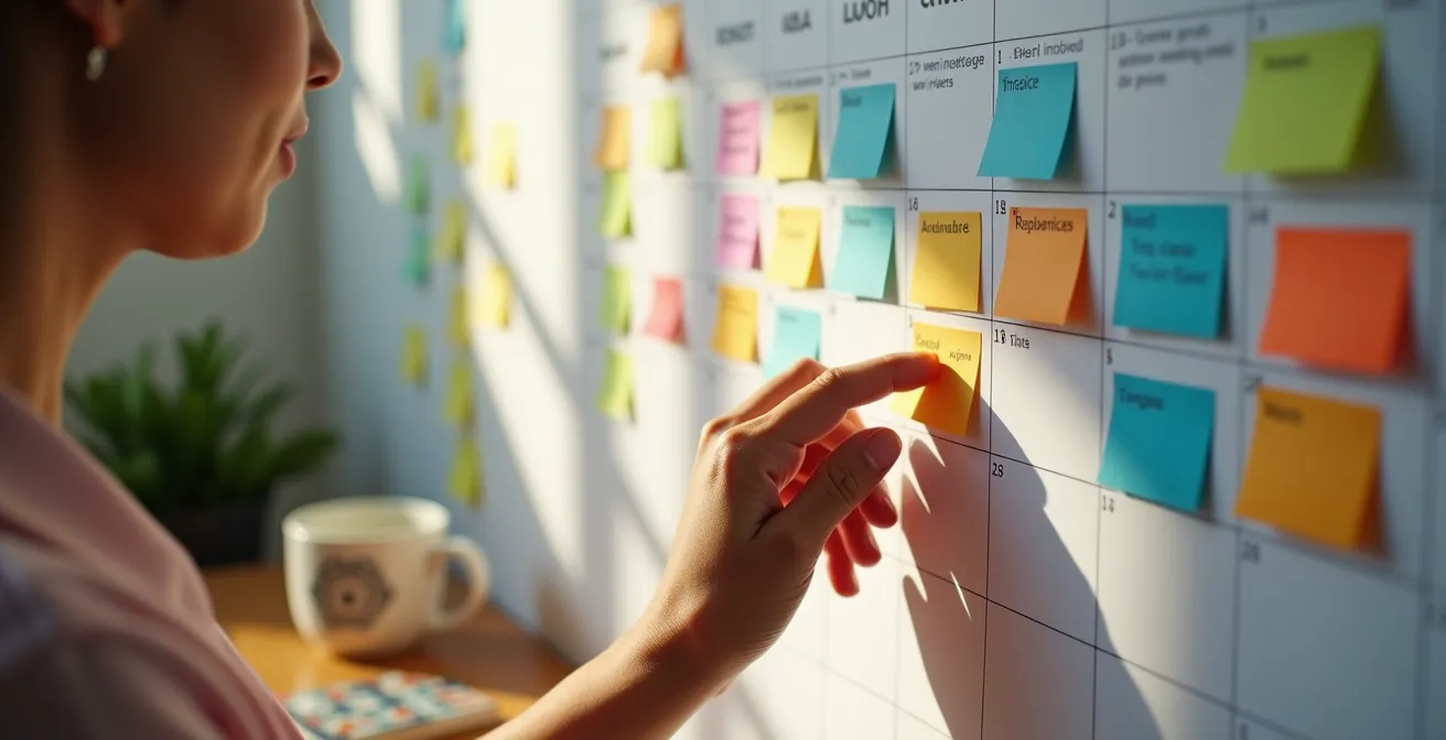 Espacio de trabajo de autónomo con calendario de pared, notas adhesivas de colores y documentos organizados por fechas