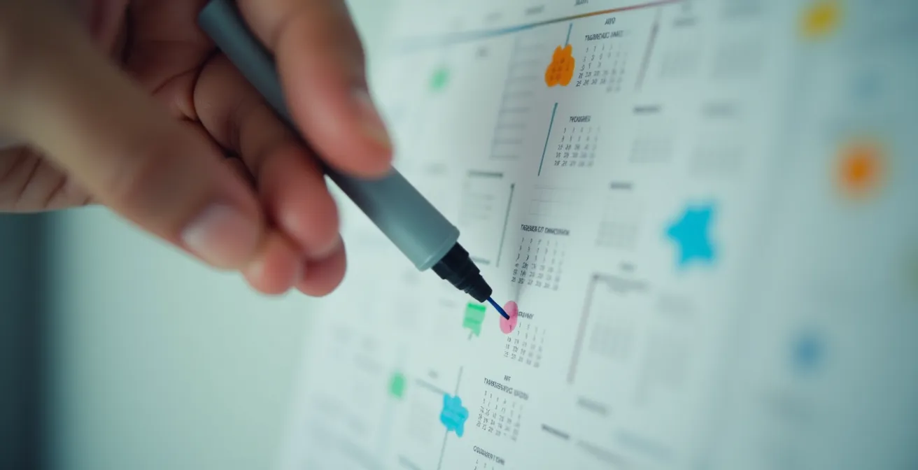 Mano marcando fechas en calendario de pared con rotulador de colores