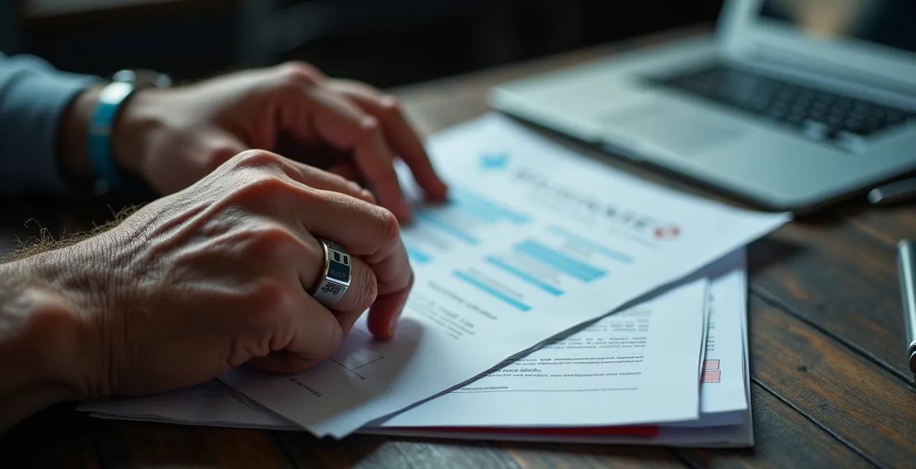 Manos sosteniendo documentos médicos y una póliza de seguros sobre una mesa de madera.