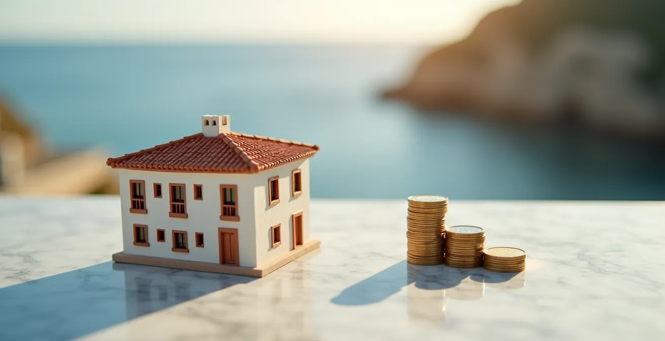 Comparación visual entre inversión inmobiliaria y fondos indexados, mostrando una balanza con una casa en miniatura y piezas abstractas que representan la diversificación del mercado.