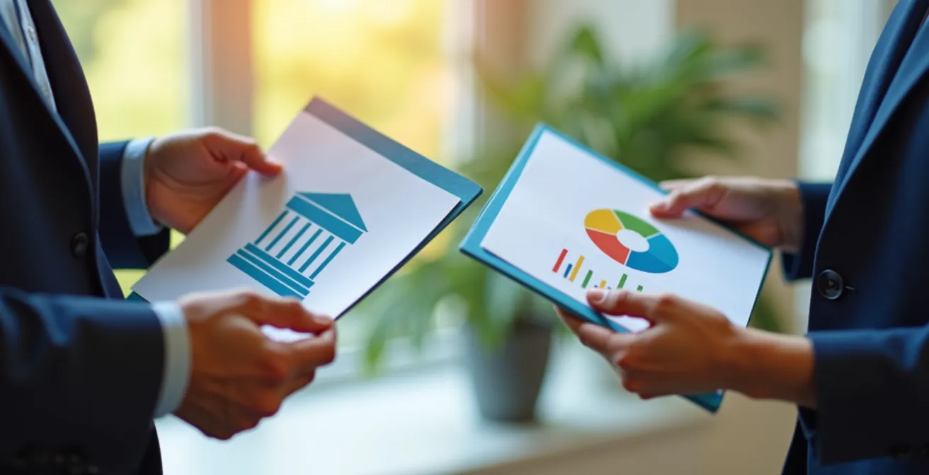 Manos sosteniendo dos carpetas de seguros con gráficos comparativos difuminados