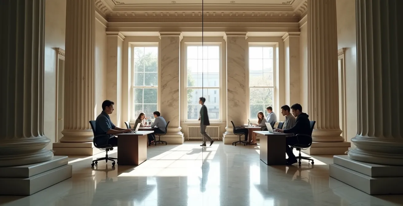 División visual entre oficina bancaria tradicional y plataforma digital moderna