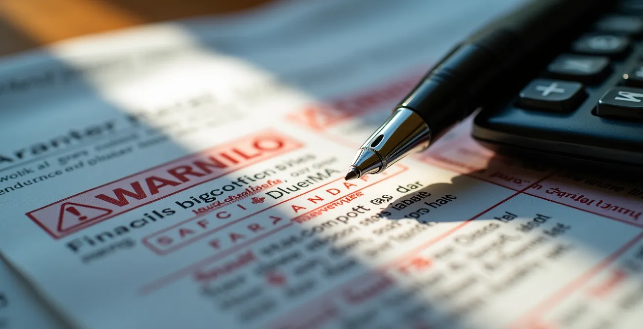 Detalle macro de contrato financiero con calculadora mostrando cifras borrosas