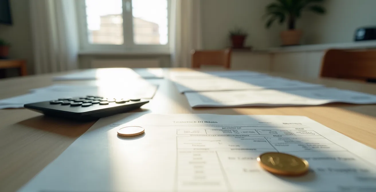 Mesa con una calculadora y documentos fiscales españoles desenfocados, simbolizando el cálculo de impuestos.