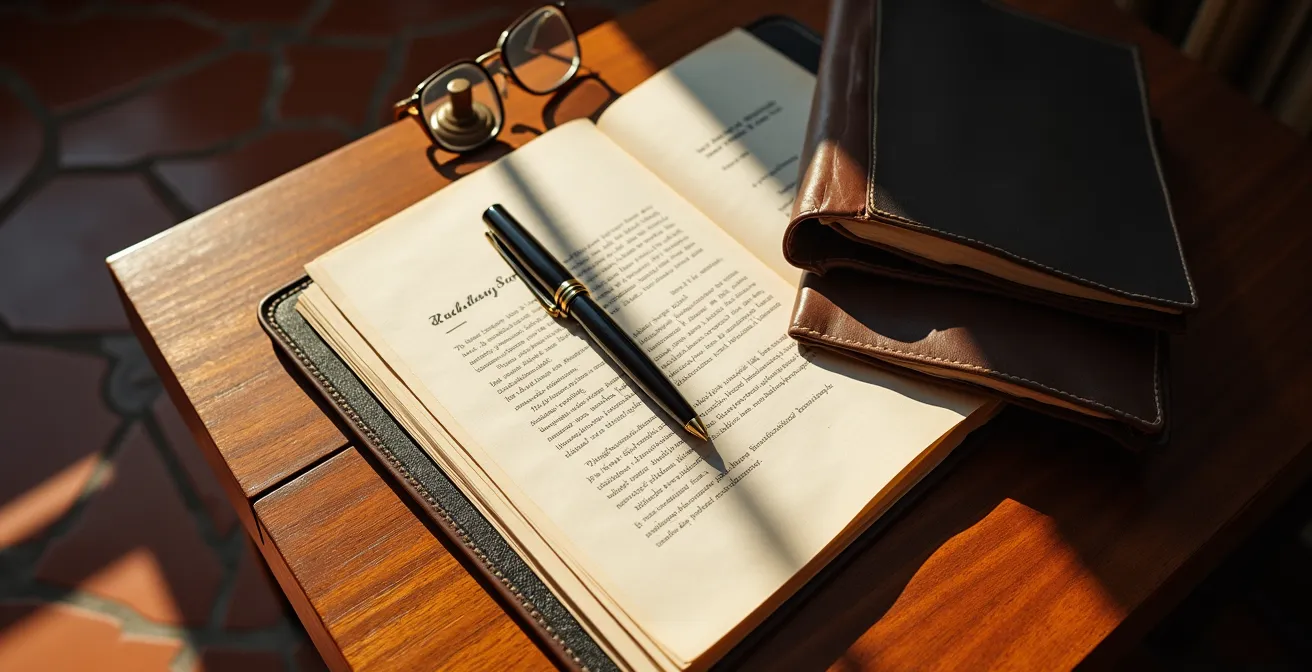 Vista cenital de mesa de notaría con documentos oficiales y pluma estilográfica que simbolizan la firma de capitulaciones matrimoniales.