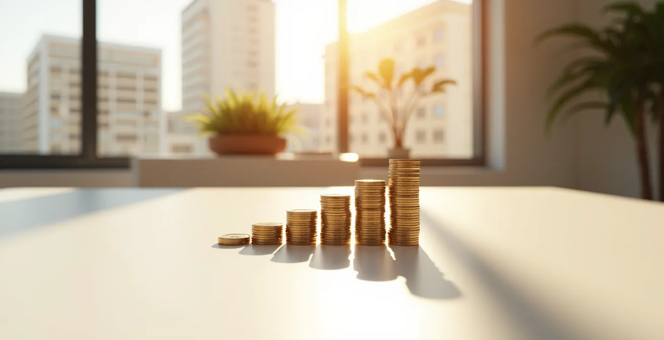 Visualización del método DCA con monedas apiladas en progresión ascendente