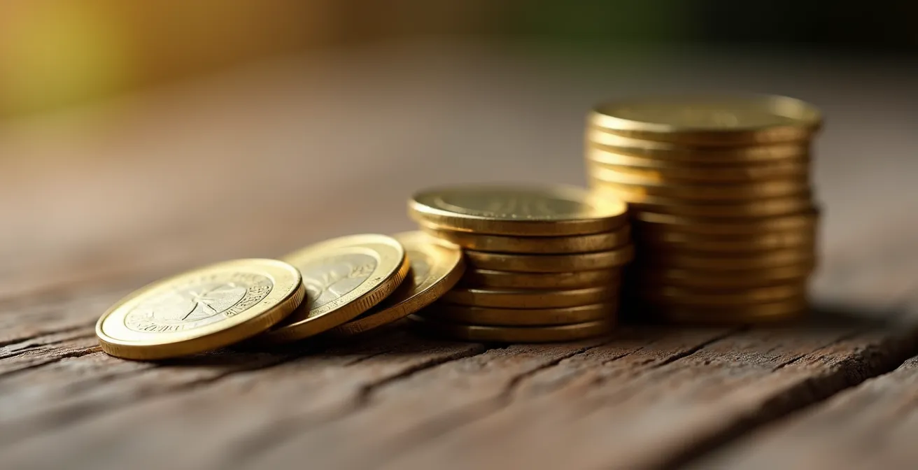 Primer plano de monedas de euro apiladas en orden ascendente, simbolizando la acumulación de capital a través de aportaciones periódicas.