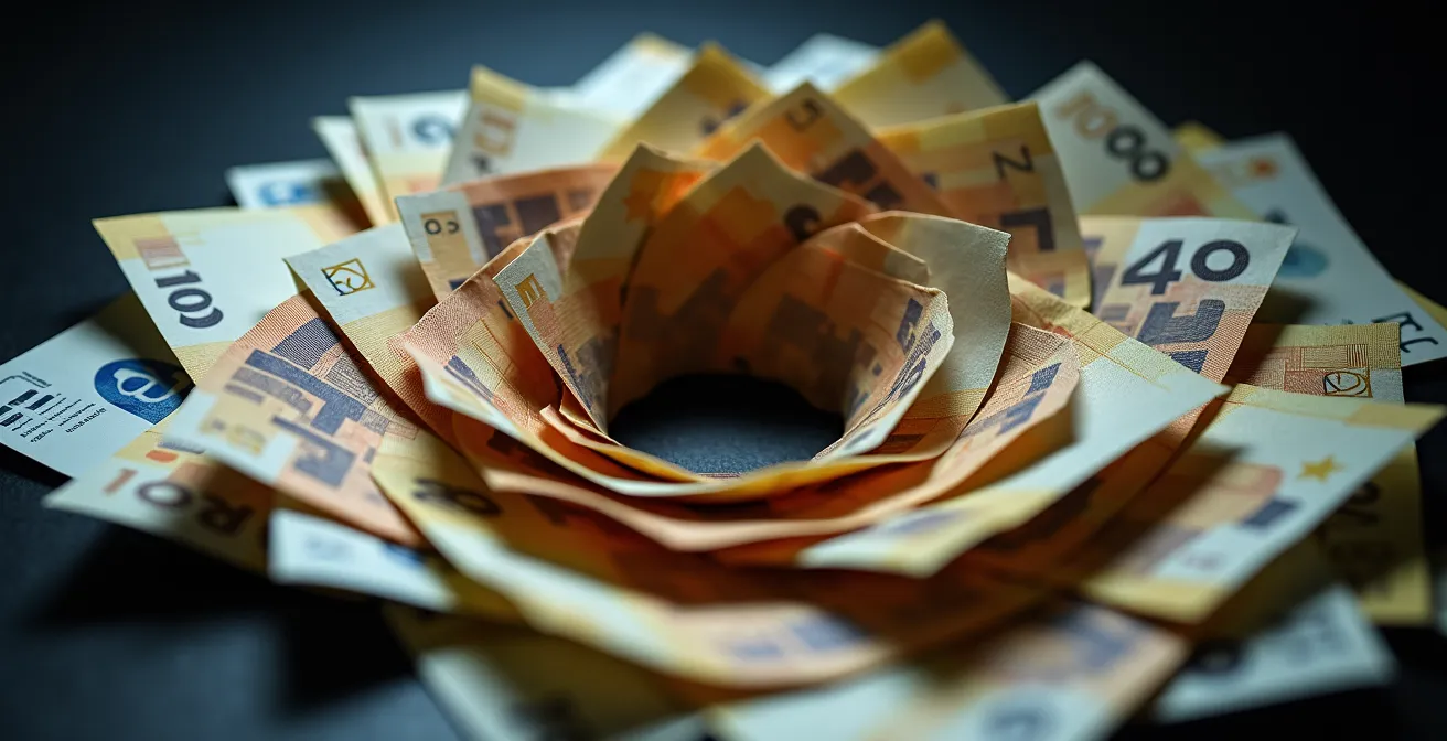 Espiral descendente formada por billetes y documentos de préstamo