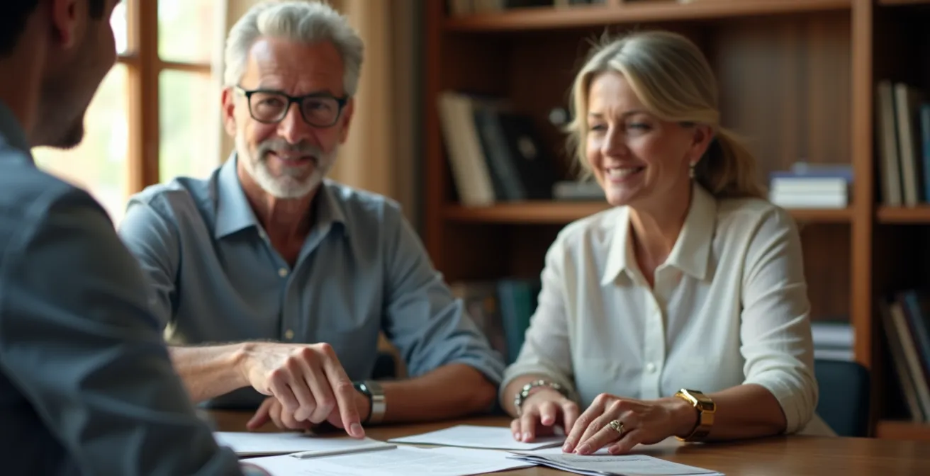 Un asesor financiero y una pareja madura revisan documentos, simbolizando la transición planificada de una estrategia de acumulación a una de preservación del capital.