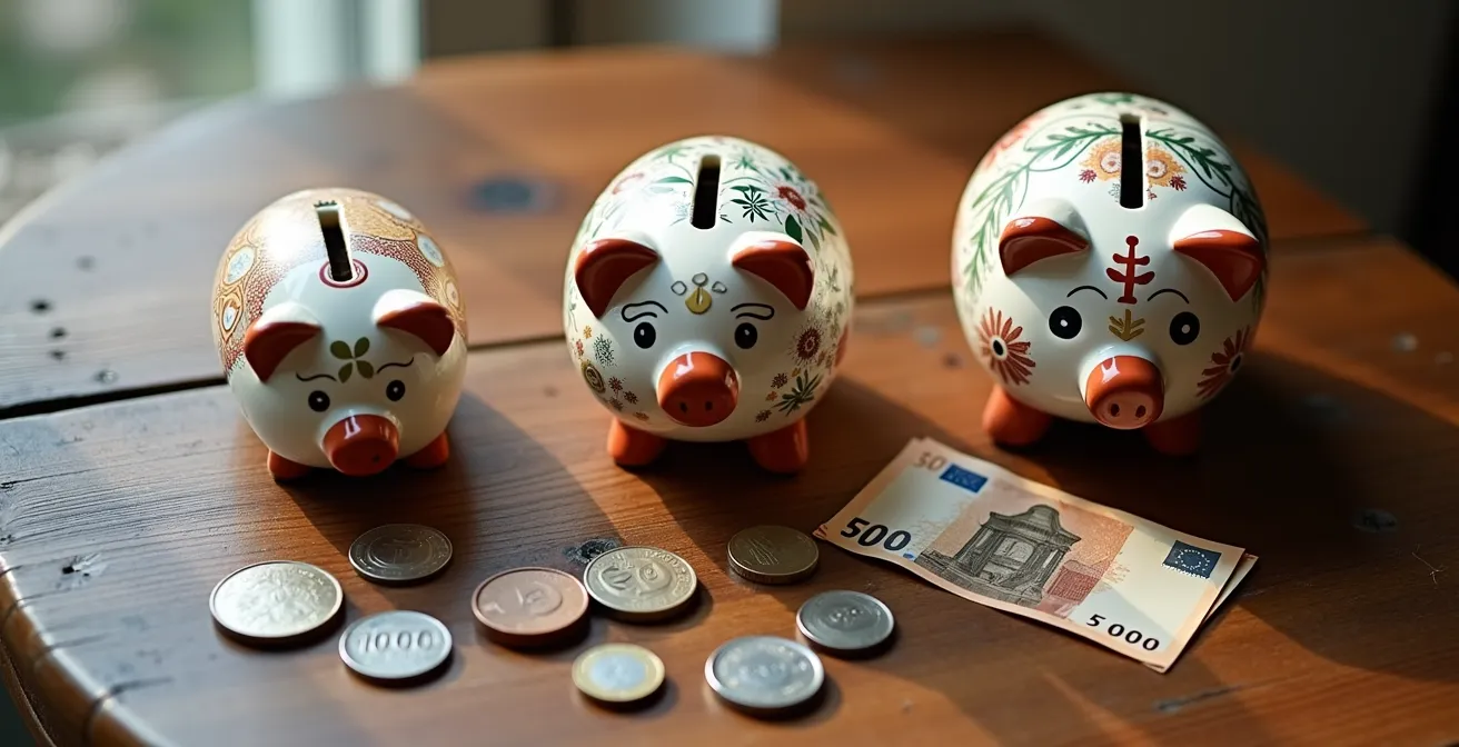 Vista cenital de tres huchas de cerámica tradicionales españolas en diferentes tamaños sobre mesa de madera