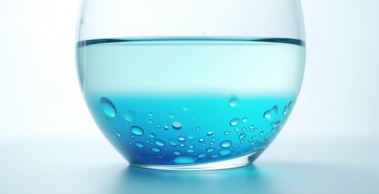 Vista macro de tres niveles de agua en cristal transparente mostrando diferentes profundidades