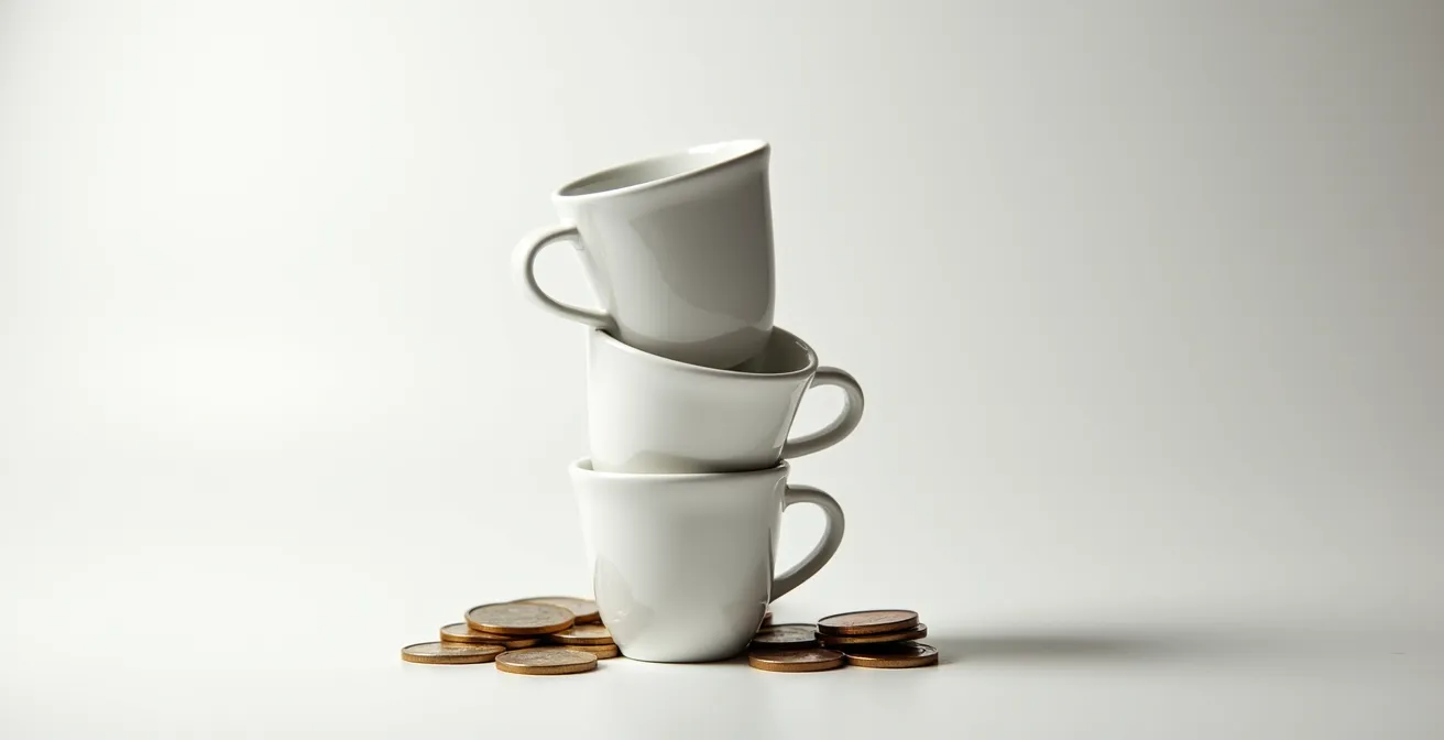 Composición artística de tazas de café vacías apiladas formando una torre inestable