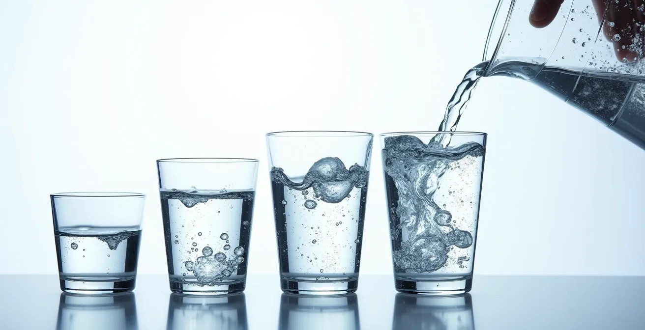 Vasos de cristal de diferentes tamaños llenándose con agua ilustrando los tramos del IRPF