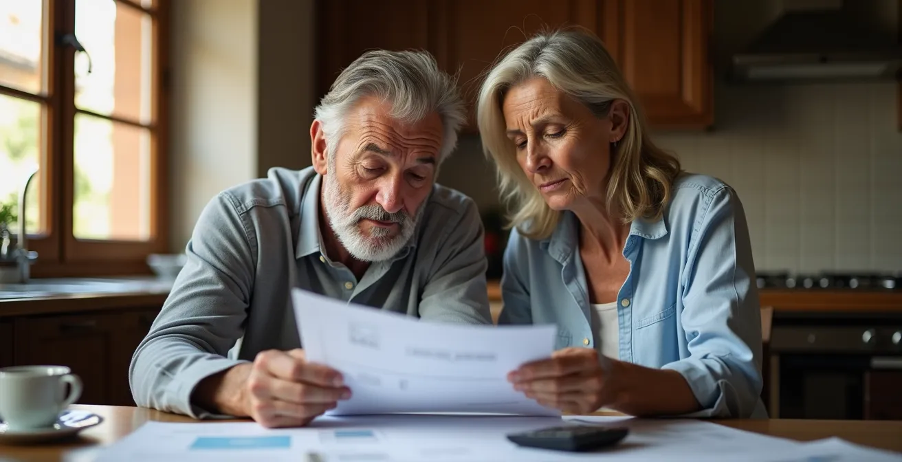 Una pareja preocupada revisa documentos en la mesa de su cocina, simbolizando el estrés financiero de un alto endeudamiento hipotecario.