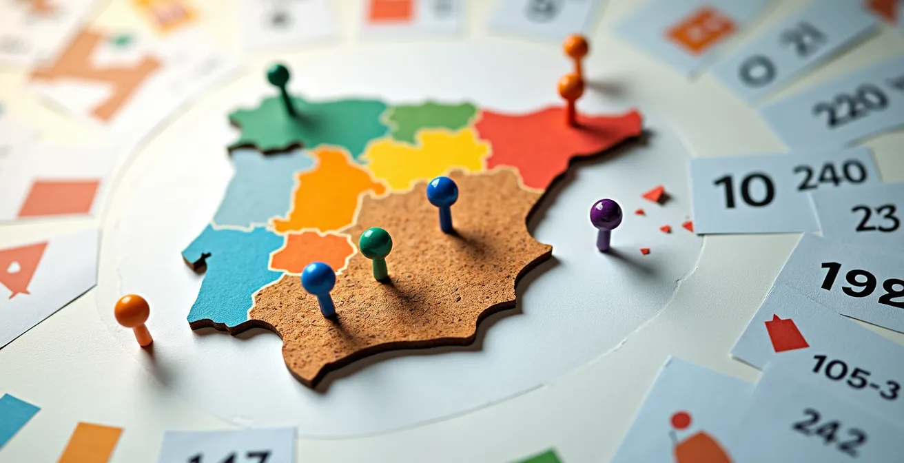 Calendario y mapa de España con marcadores, simbolizando el cálculo de días para establecer la residencia fiscal.