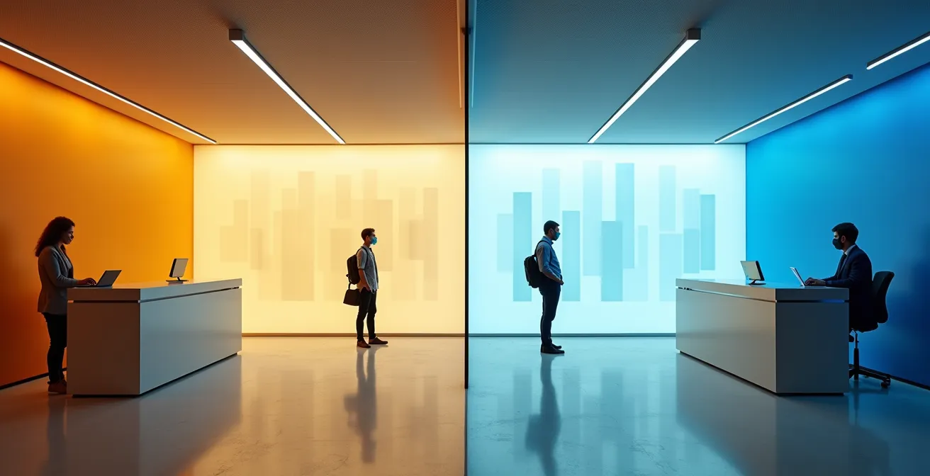 Comparación visual entre novación y subrogación hipotecaria donde se ve un cliente negociando en su banco (novación) y el mismo cliente en otro banco (subrogación).