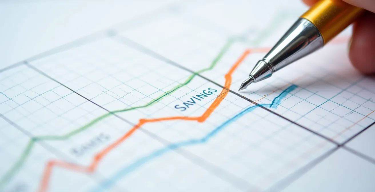 Vista macro de gráfico financiero mostrando líneas convergentes en papel