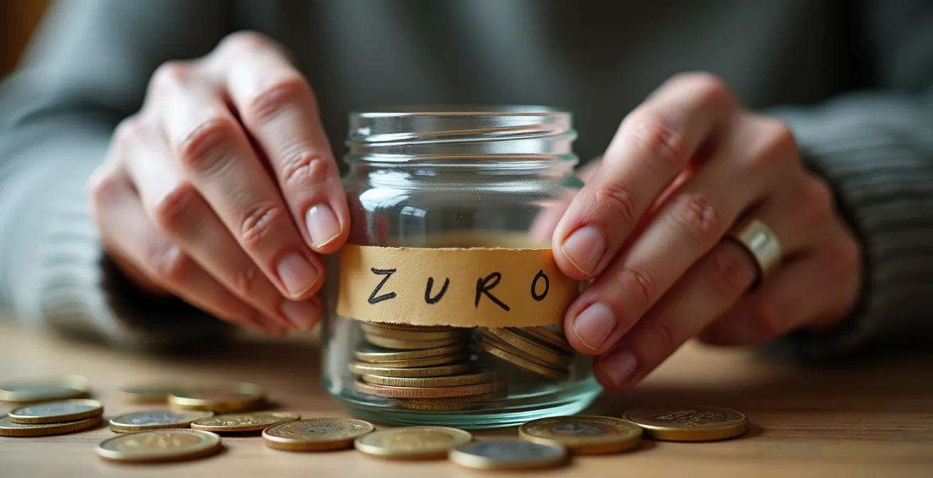 Manos depositando monedas en tarro de cristal transparente con marcas de progreso