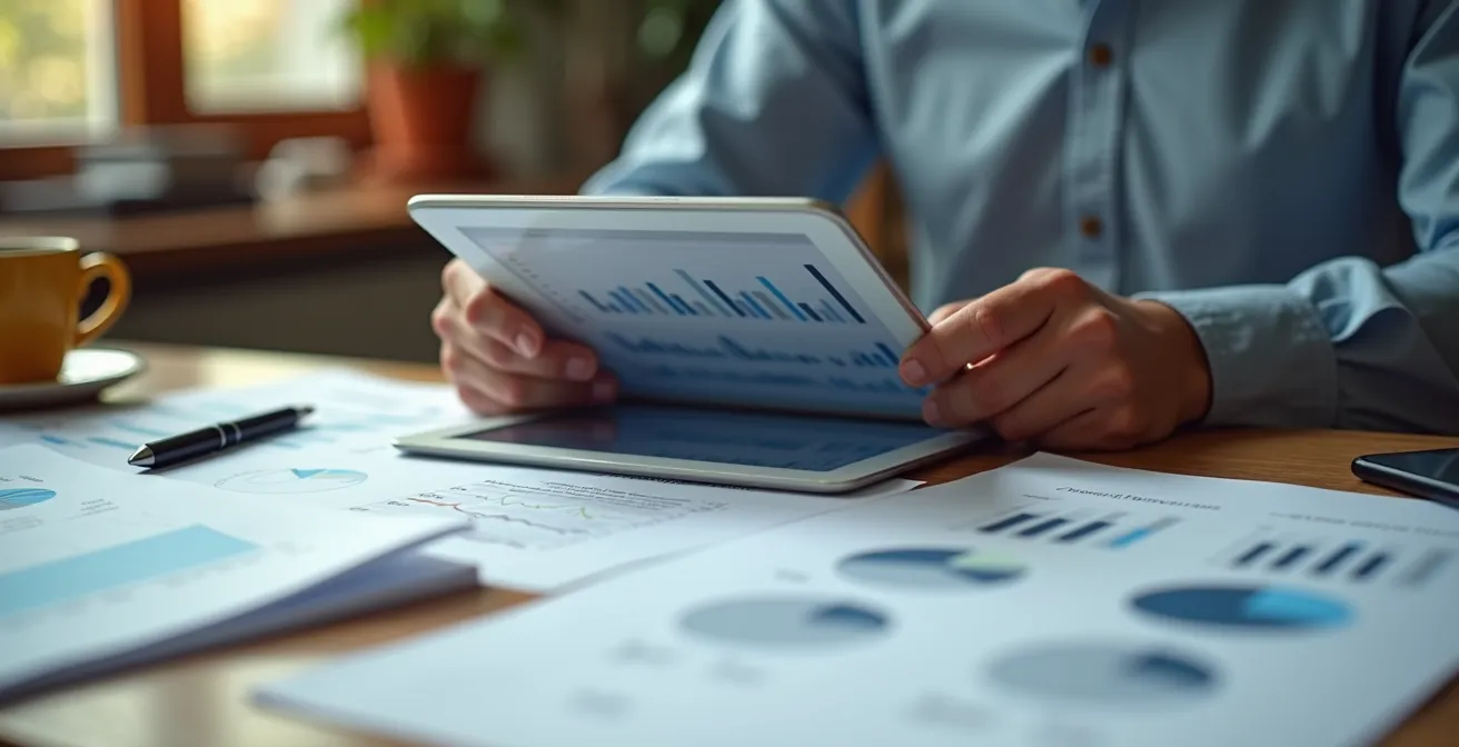 Persona revisando informe CIRBE con documentos bancarios en mesa de trabajo