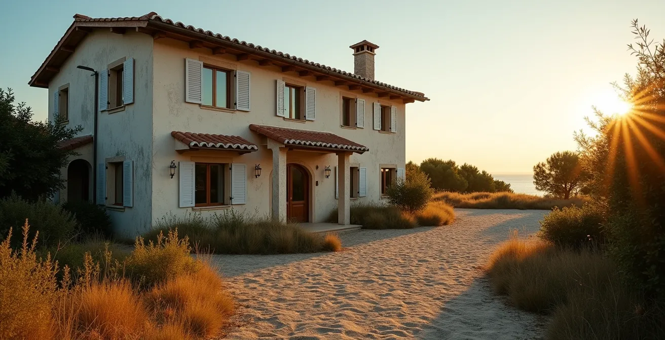 Vista exterior de casa mediterránea vacía con persianas cerradas mostrando abandono