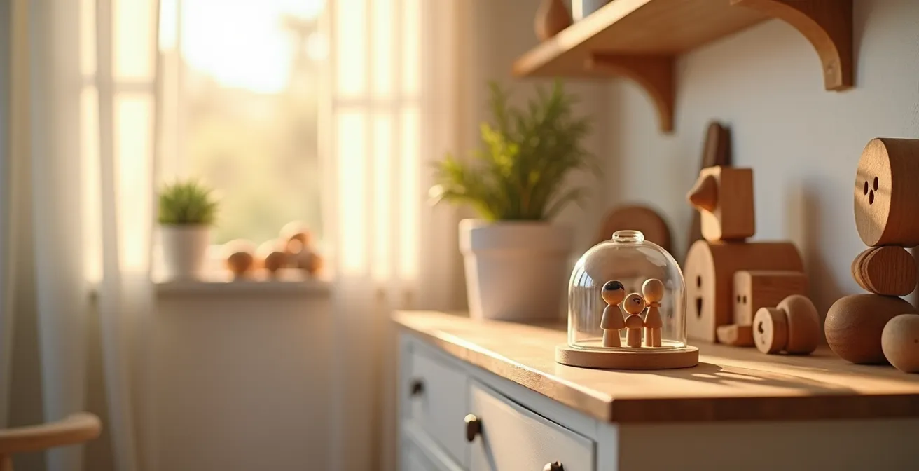 Habitación infantil con juguetes de madera y una cúpula de cristal protegiendo unas figuras, simbolizando la protección del patrimonio de los menores.